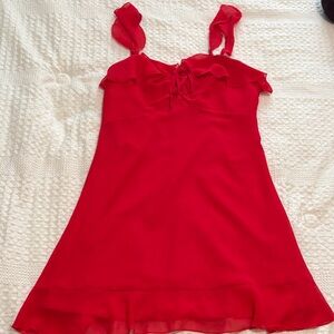 Ruffle-Trim Red Mini Dress with Tie Front